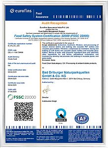 FSSC-Zertifikat der Bad Driburger Naturparkquellen FSSC-Zertifikat der Bad Driburger Naturparkquellen